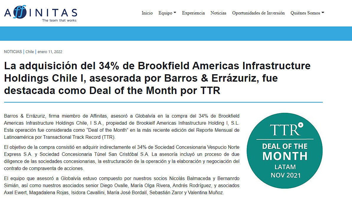 La adquisicin del 34% de Brookfield Americas Infrastructure Holdings Chile I, asesorada por Barros & Errzuriz, fue destacada como Deal of the Month por TTR